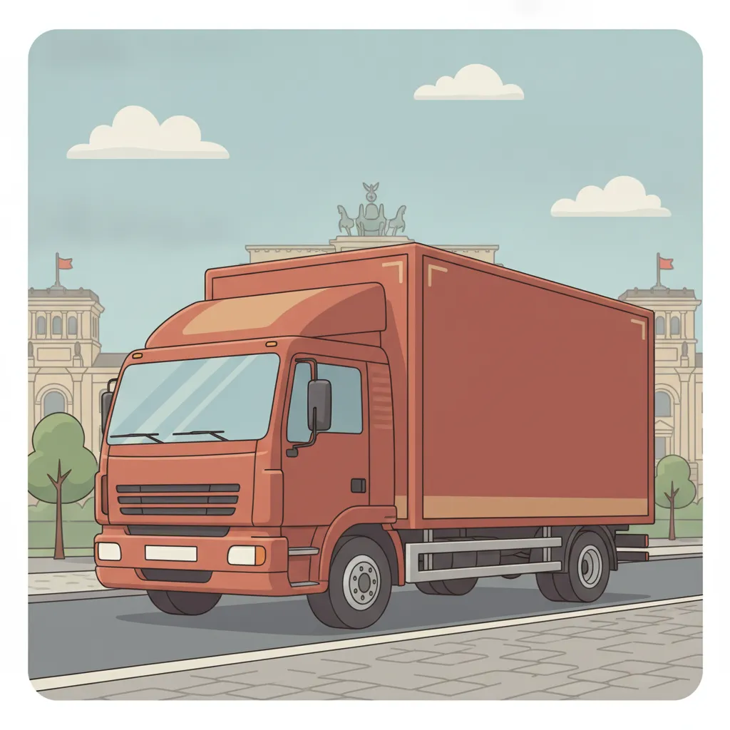 Comic-Illustration: geschlossener Umzugstransporter erreicht Berlin – Umzug von Essen nach Berlin