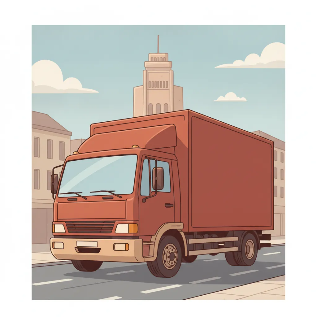 Comic-Illustration: geschlossener Umzugstransporter erreicht Bochum – Umzug von Essen nach Bochum
