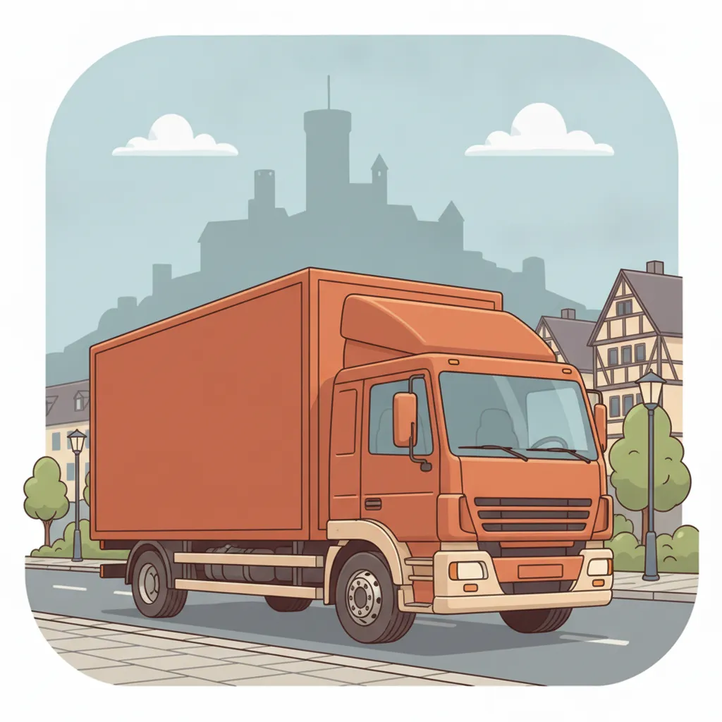 Comic-Illustration: geschlossener Umzugstransporter erreicht Esslingen – Umzug von Essen nach Esslingen