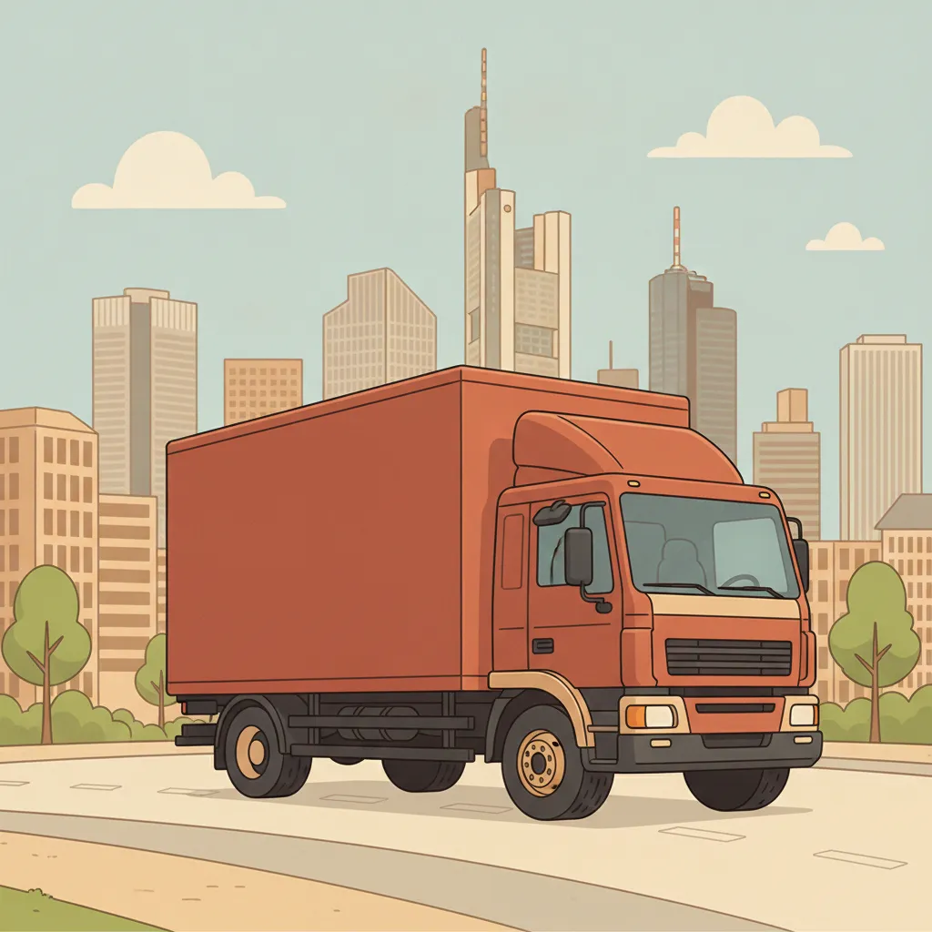 Comic-Illustration: geschlossener Umzugstransporter erreicht Frankfurt am Main – Umzug von Essen nach Frankfurt am Main