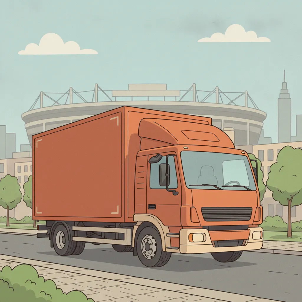Comic-Illustration: geschlossener Umzugstransporter erreicht Gelsenkirchen – Umzug von Essen nach Gelsenkirchen
