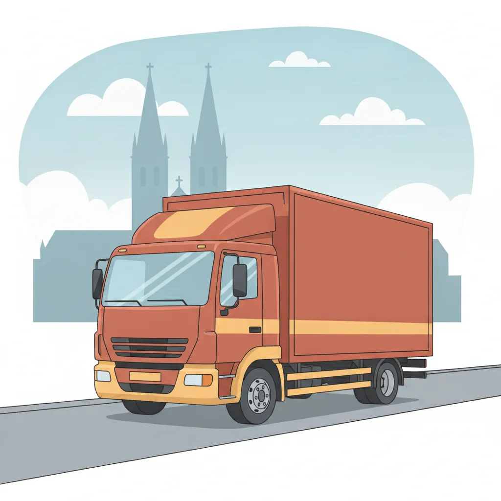 Comic-Illustration: geschlossener Umzugstransporter erreicht Konstanz – Umzug von Essen nach Konstanz