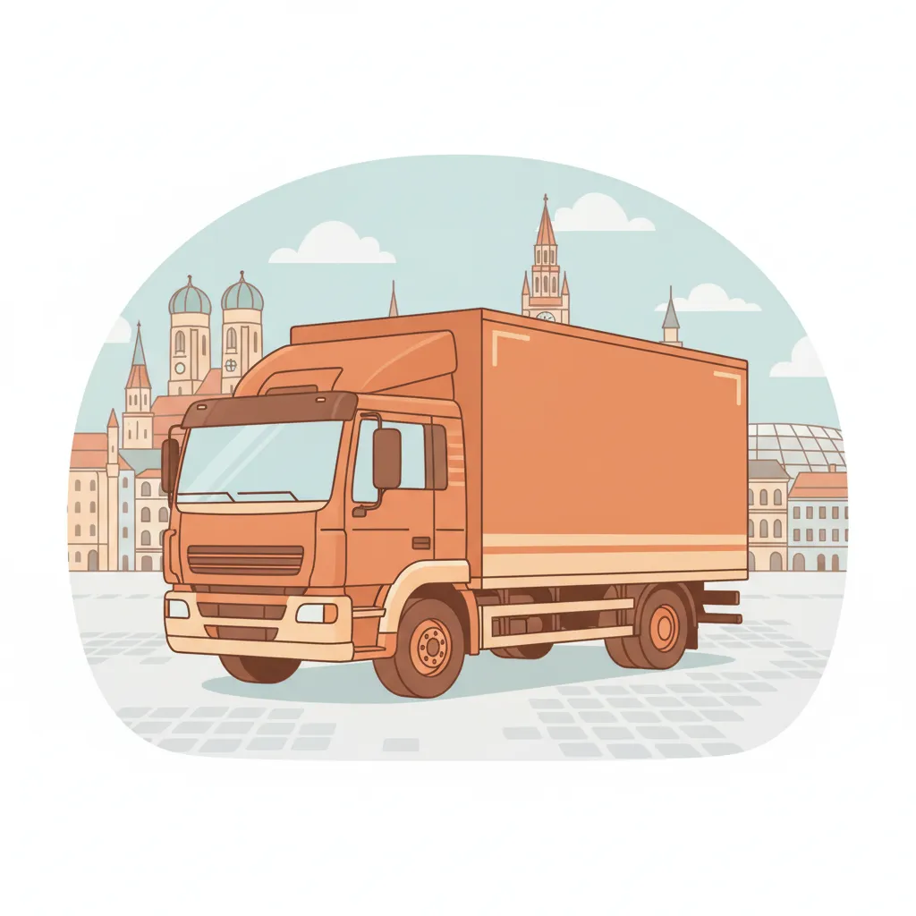 Comic-Illustration: geschlossener Umzugstransporter erreicht München – Umzug von Essen nach München