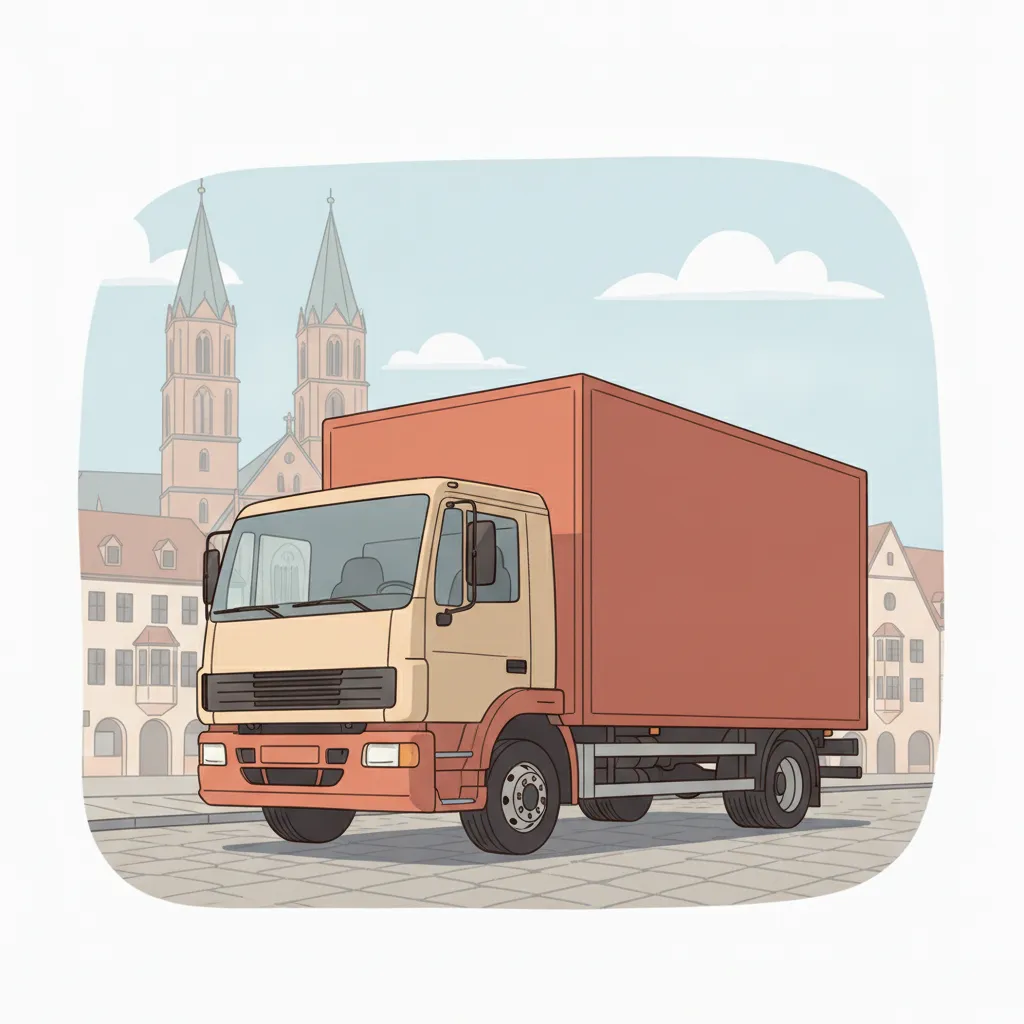 Comic-Illustration: geschlossener Umzugstransporter erreicht Paderborn – Umzug von Essen nach Paderborn