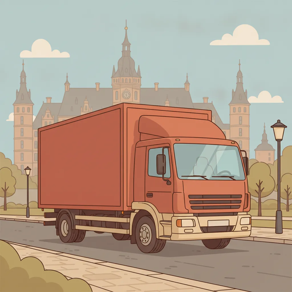 Comic-Illustration: geschlossener Umzugstransporter erreicht Schwerin – Umzug von Essen nach Schwerin