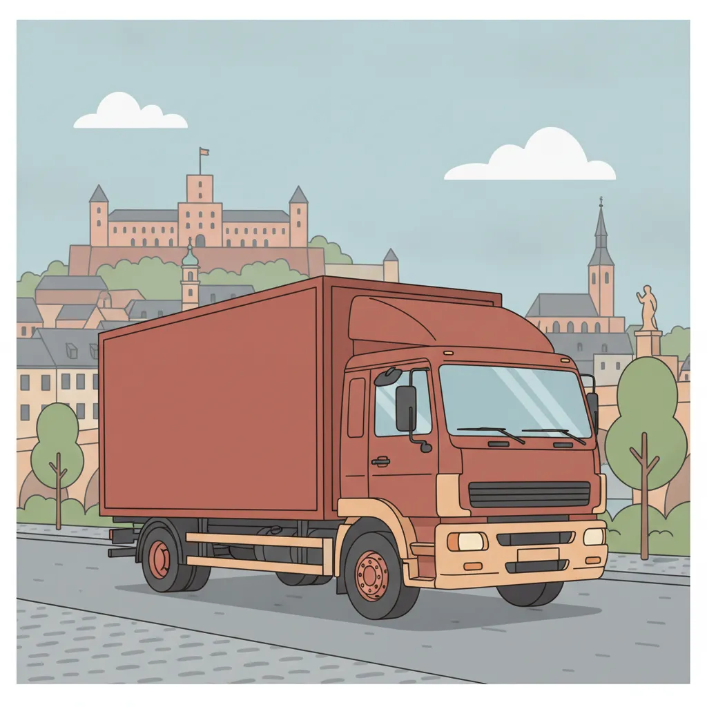 Comic-Illustration: geschlossener Umzugstransporter erreicht Würzburg – Umzug von Essen nach Würzburg